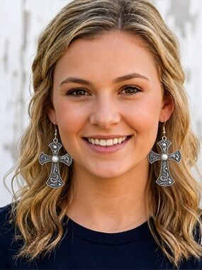 NWT Earrings Silver Cross Southwestern Natural Turquoise Western Rodeo Religion